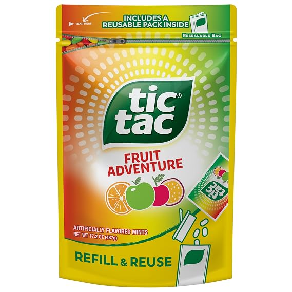 Tic Tac Bulk Fruit Adventure Refill Bag, On-the-Go Pocket-Sized Mints, Includes Empty Refillable Pack, 17.2 oz