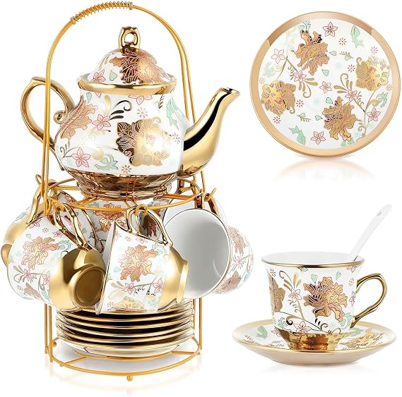 Ceramic Tea Cup Set, 20 Pcs European Ceramic Tea Set for Afternoon Tea, with Metal Holder and 6 Tea Cups, 450 ml Porcelain Tea Pot Set, 90 ml Tea Cup for Party, Women,Coffee, Flower Tea