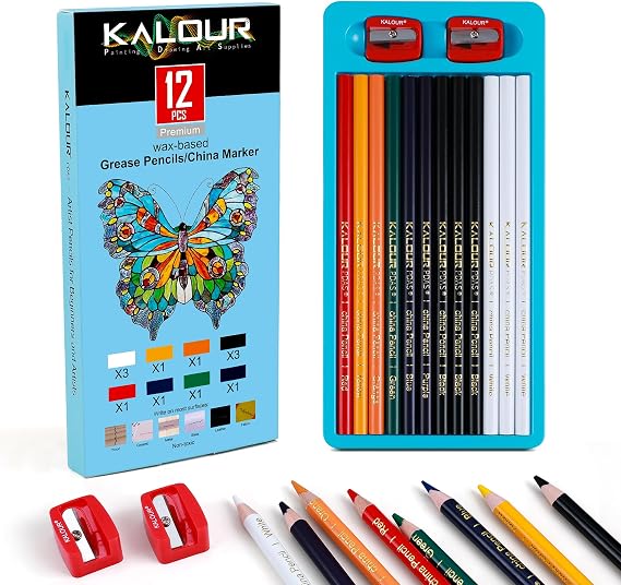 KALOUR Wax-Based China Markers, 12 Pack Grease Pencils with 2 Sharpeners, 8 Colors, marker for Glass, Metal, Wood, Fabric and Paper