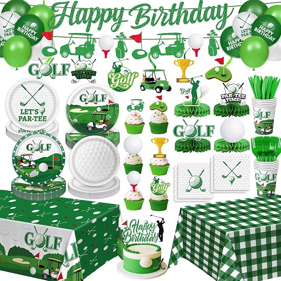QIYANPAX Golf Birthday Party Decorations Include Plates, Napkins, Cups, Cutlery, Banner, Hanging Swirls, Cake & Cupcake Toppers, Balloons, Tablecloths for Golf Birthday Decorations, Serves 24