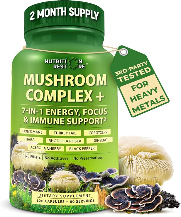 Organic Mushroom Complex: Lion's Mane, Turkey Tail, Cordyceps, Chaga, Contains Naturally Occurring Beta Glucans - Organic Energy & Immune Support Blend: Rhodiola Rosea, Ginseng & Acerola Cherry 120Ct