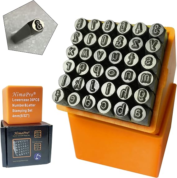 HimaPro Number and Letter Stamp Set 36 PCs Lowercase Industrial Grade Letters 'a'-'z',#39;&',#39;0'-'9' in a Plastic Box(4mm - 5/32 Inch)