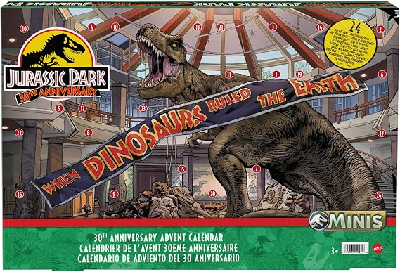 Mattel Jurassic World Holiday Advent Calendar with 24 Day Countdown, Daily Surprise, Mini Toy Dinosaurs, Human Figures and Gates