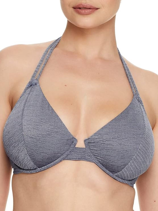 Miss Mandalay Denim Lurex Halter Bikini Top, 34FF, Blue Silver