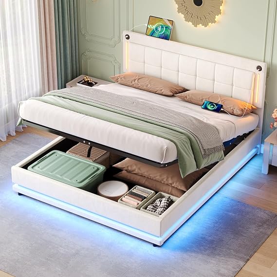 5ft King Size Bed Frame with LED Lighting and USB Type-C, Velvet Ottoman Bed King Size 150x200 cm with Hydraulic Storage and Adjustable Square Tufted Headboard, Beige, No Mattress