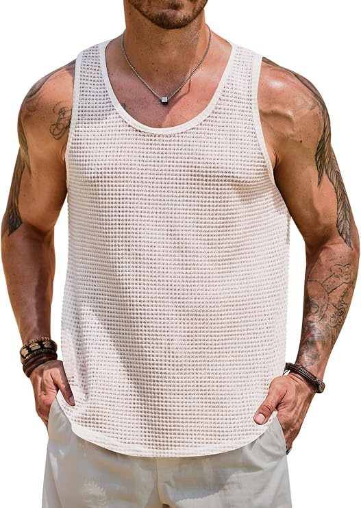 VOGSTART Mens Hollow Out Mesh Tank Top Beach Waffle Sleeveless Shirts