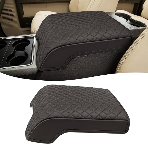 KBH Center Console Armrest Cover for 2011-2016 Ford F250-F550, PU Leather, Middle Console Lid Protector Arm Rest Cushion Pad, Anti-Scratch, Brown (Fits Bucket Seat Console Only)