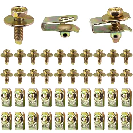 20x Body Bolts M6-1.0 x 20mm Long - 10mm Hex - 17mm Washer - 20x U-Nuts Clips Engine Under Cover Undertray Splash Shield Guard Bumper Fender Liner Push Retainer Fastener, Yellow Zinc Finish