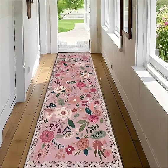 Floral Hallway Runner Rug,60x180cm, Cute Tropical Plant Girl Bedroom Pink Runner Floor Mat, Non-Slip Non-Linting Easy to Clean Kitchen Hallway Carpet for Living Room Bedroom Office Doorway