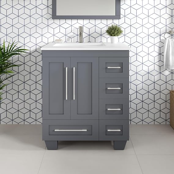 Dark Gray Single Sink Bath Vanity with Carrara Quartz Top & Undermount Porcelain Sink by Eviva