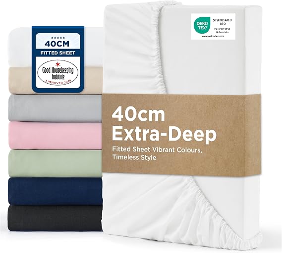 Bedsure Double Fitted Sheet Deep - 40cm Pocket, White, 135x190cm