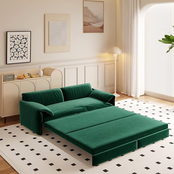 66'' Queen Size Sleeper Sofa Bed, Comfy Velvet Pull Out Couches, Green | 3 in 1 Convertible Sofa, Pillow Arm for Small Spaces, Living Room, Apartment, Living Room, Cloud Loveseat Lounge