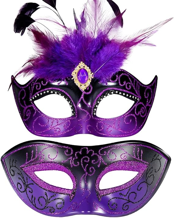MYSEUNI Masquerade Mask for Couple with Feathers - Womens Feather Carniva Masks & Men Venetian Mask for Halloween, Christmas