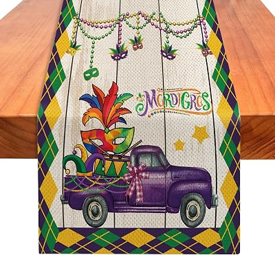 Happy Mardi Gras Truck Table Runner 72 Inches Long, Masquerade Mask Bead Fleur de Lis Buffalo Plaid Table Runner, Mardi Gras Holiday Table Decor for Kitchen Farmhouse Home Party