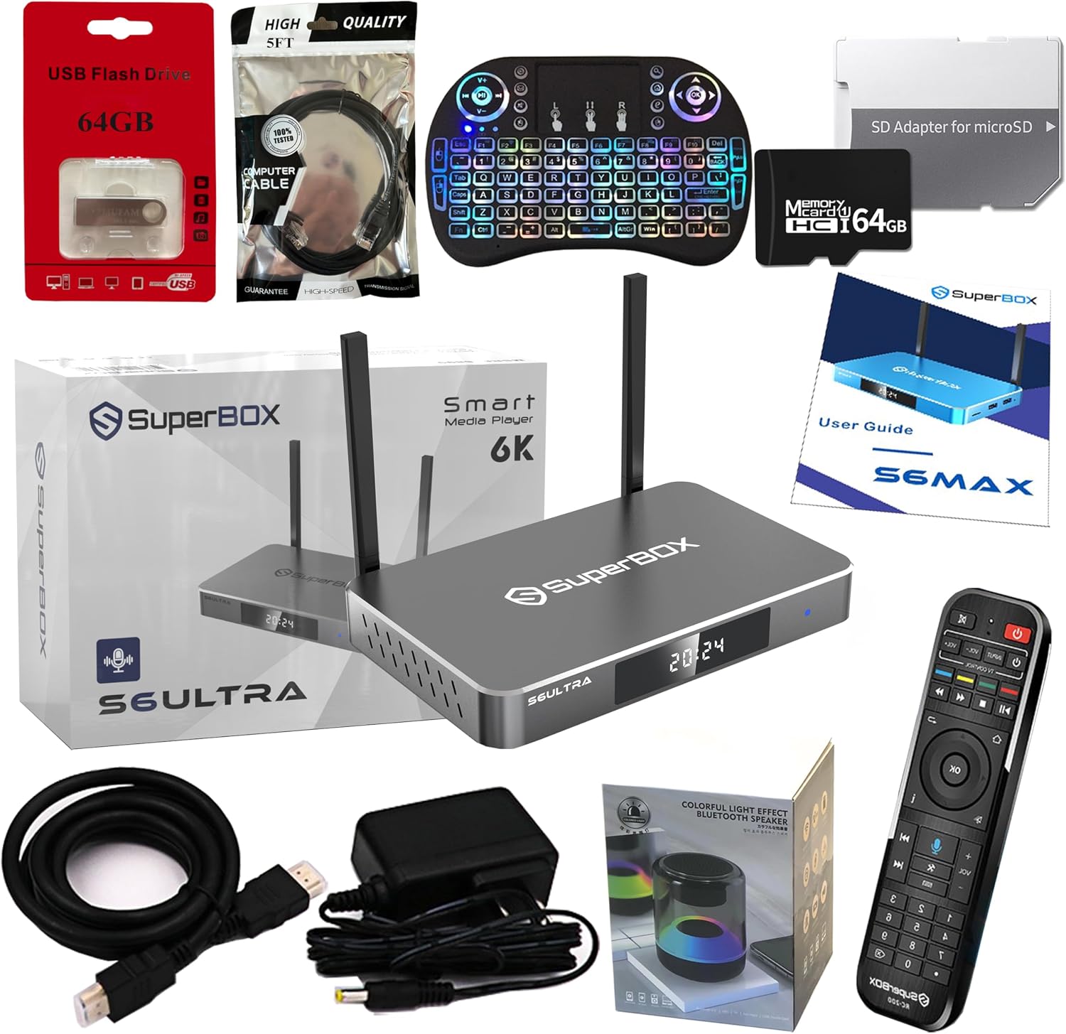 2025-S6 Ultra 4GB DDR128GB eMMC, 6k Ultra HD Streaming, WiFi - 6, Android 12 Including 1 TF Card, 1 USB Flash Drive, 1 Network Cable, 1 LED Keyboard, and Speakers