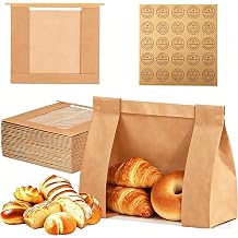 100Pcs Bulk Paper Bread Bags for Homemade Bread, Thickened Sourdough Bread Bag With Clear Window, 26x11x26cm Large Bakery Bags with Tin Tie Closure and Stickers for Toast, Cookie, Treat