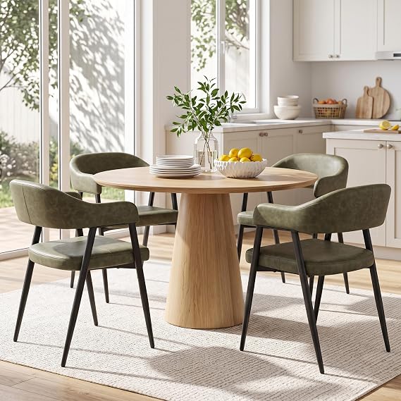HNY Modern Dining Room Arm Chairs Set of 4, Green Retro Faux Leather Upholstered Barrel Dining Chairs with Arms Mid-Century Accent Chair with Metal Legs, Open-Back Kitchen Side Chairs for Living Room