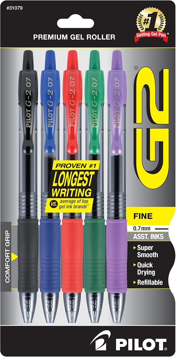 PILOT G2 Pens, Gel Ink Pens Fine Point 0.7mm, Assorted Colors, 5-Pack