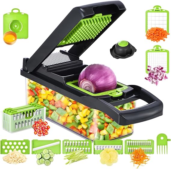 15-in-1 Vegetable Slicer,Mandoline Slicer - Multi-Function Kitchen Vegetable & Fruit CutterOnion Potato SaladCutter with Drain BasketHand Guard and Cleaning Brush (Gray-Green)
