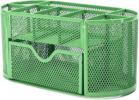 Mesh Desk Organizer Office Supplies: Desk Top Organizer with 9 Compartments, Office Organizers with Drawer, Multifunctional Metal Pen Holder Stationery Caddy for Organization (Green)