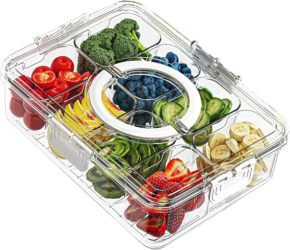 Snackle Box Container, Divided Serving Tray with Lid and Handle, 8 Compartments Snack Box Container, Portable Clear Snack Organizer for Travel Party and Picnic Charcuterie, Nut Storage