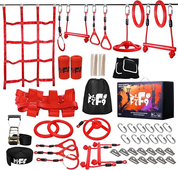 60FT Ninja Warrior Obstacle Course for Kids - Slackine Playset with Monkey Bars, 364lbs Capacity, Adjustable Height, Indoor/Outdoor Backyard Training Equipment,Birthday Gift fo Boys Girls Ages 5-12