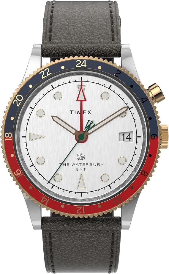 Timex Men's Waterbury Traditional GMT 39mm TW2U99100VQ Quartz Watch, Black/Red/Blue/White, One Size, 39 mm Waterbury Traditional GMT Leather Strap Watch
