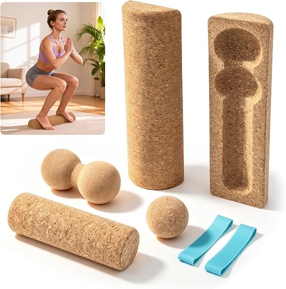 Cork Wobble Balance Board for Adults – 4-in-1 Set with Detachable Cork Yoga Block, Roller, Massage & Peanut Balls – Ankle Balance Board