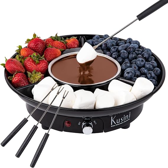 Kusini Electric Fondue Pot Set Chocolate Fondue Kit - Temperature Control | Detachable Serving Tray, 10oz Melting Pot, 4 Roasting Forks - Gift Set & Date Night Idea. Serve at Movie Night or Game Night.