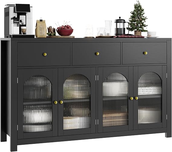 Buffet Cabinet with Storage, Kitchen Storage Cabinet for Home | 55.1" Large Sideboard Buffet, Farmhouse Kitchen Cabinet, Wood Coffee Bar Table for Kitchen, Black