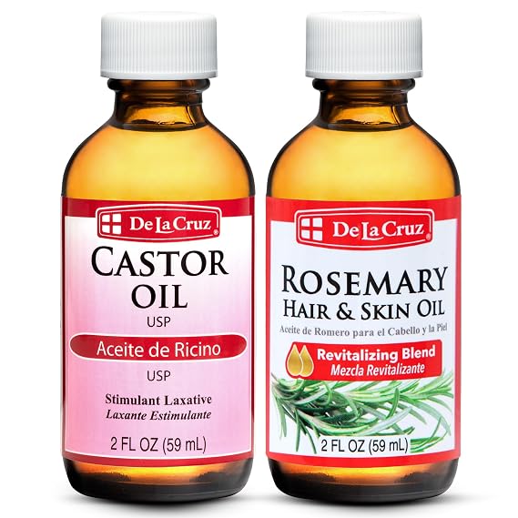 De La Cruz 100% Pure Castor Oil for Skin, Hair, Lips, Eyebrows 2 FL Oz + Rosemary Oil Blend for Hair and Skin 2 FL Oz - Bundle