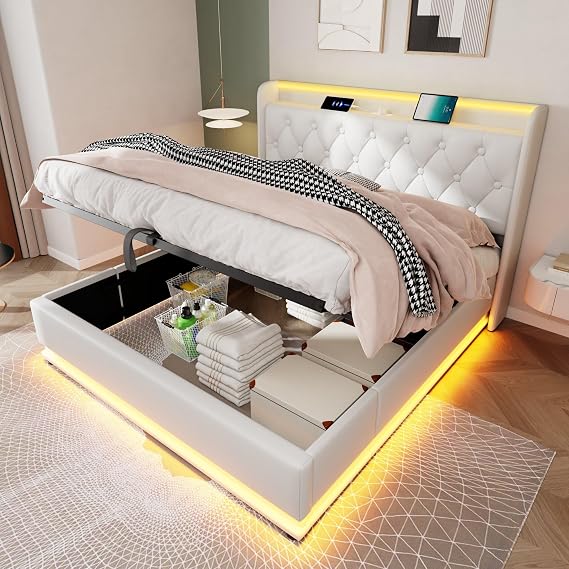 Upholstered King Bed Frame with Large Storage Space, Ottoman Bed with 360 Degree Surround LED Feature, Charging Function, PU, White (No Mattress) (150cm*200cm)