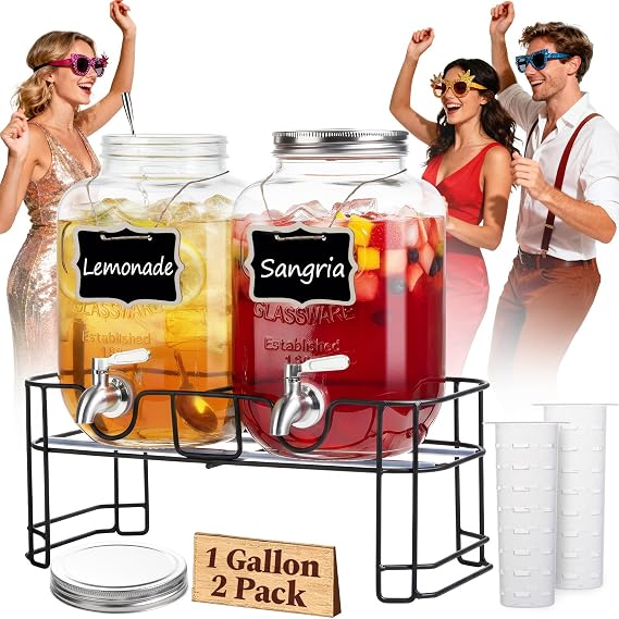 KIKCOIN 1 Gallon Glass Drink Dispensers for Parties, 2 Pack Leakproof Beverage Dispenser with Stand & 18/10 Stainless Steel Spigot & Filter -for Lemonade, Juice, Sun Tea, Punch- ALL DISHWASHER SAFE