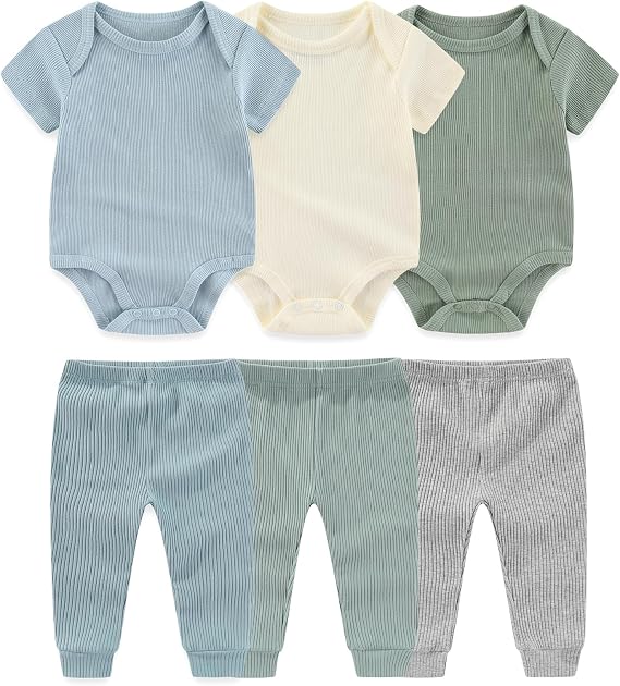 Ruliby Baby Bodysuit and Pant Set 6-pcs Ribbed Soft Infant Boy Girl Clothes | Newborn basic clothing set, bulk mixed and matched