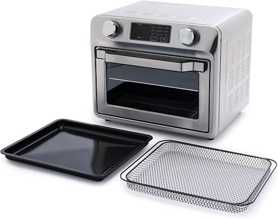GreenPan Bistro Stainless Steel 9-in-1 Air Fry Oven, Nonstick Baking Pan, Stainless Steel Rack, and Basket, Fast Heating, Multifunction Presets, Cool-Touch Handle, PFAS-Free, Easy Cleanup Crumb Tray