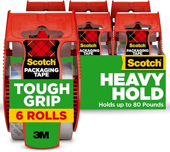 Scotch Tough Grip Moving Packing Tape, Clear, Moving Tape that Secures Boxes up to 80 Pounds, 1.88 in. x 22.2 yd., 6 Tape Rolls with Dispensers