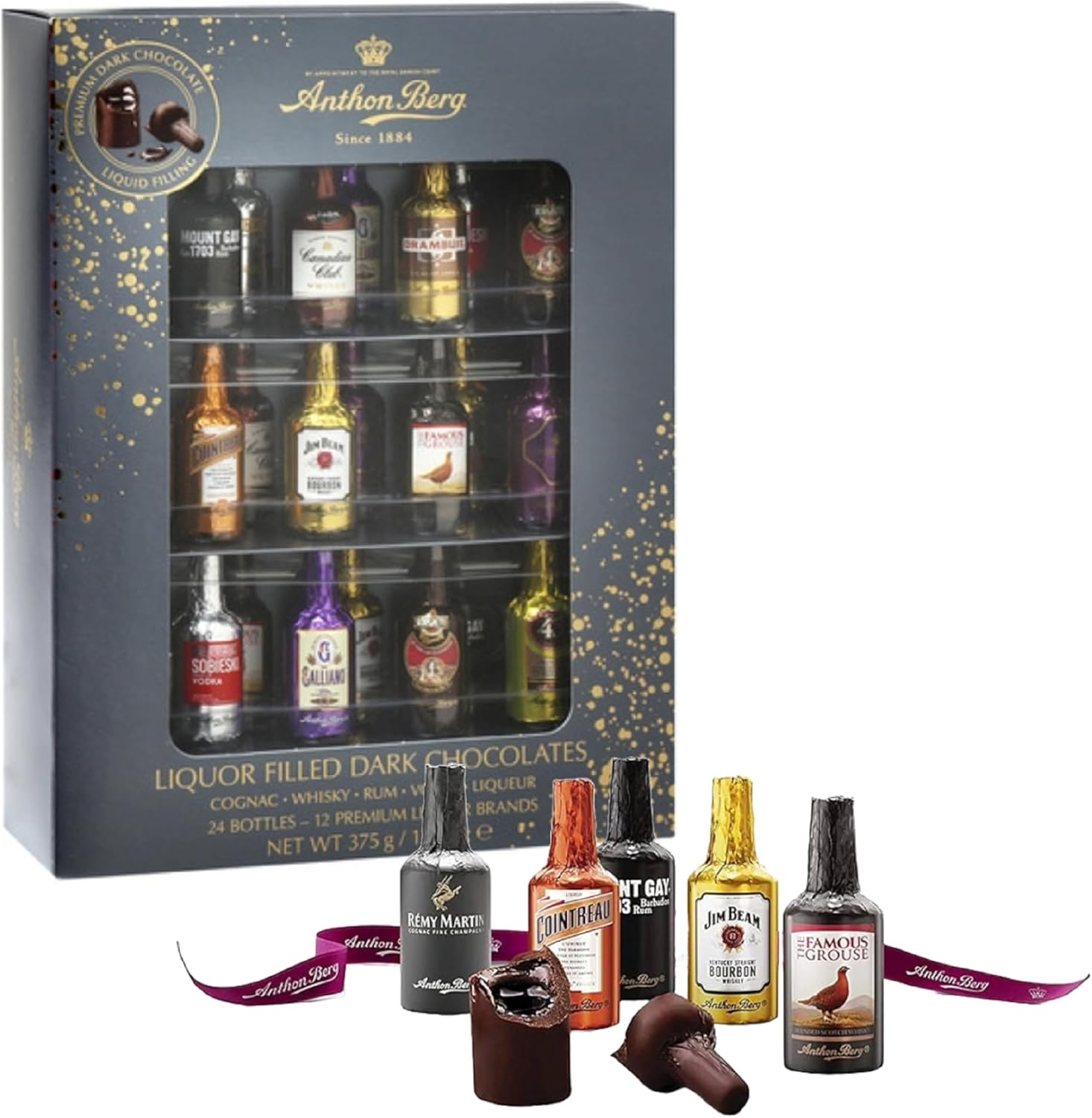 Anthon Berg Liqueur Chocolate Gift - 24 Famous Dark Chocolate Liqueurs Miniature Alcohol Bottles Selection with Topline Card. Novelty Gifts for Christmas Stocking Fillers, Secret Santa Gifts