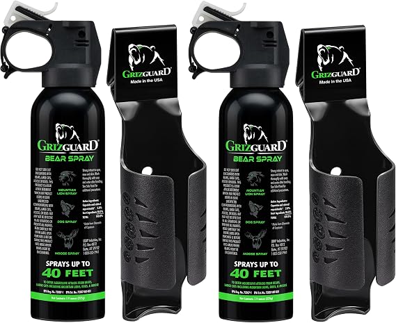 Griz Guard Self Defense Deterrent with Holster for Wilderness Outdoor Protection Camping, Hiking, Fishing, Powerful Blast Pattern, 40 ft Fog, Hottest Red Pepper Formula