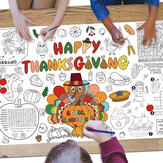 Thanksgiving Coloring Tablecloth for Kids Thanksgiving Activity Poster 29.9 X 72.1'' Happy Thanksgivings Coloring Banner Activities for Kid Giant Turkey Themed Harvest Day Party Decor