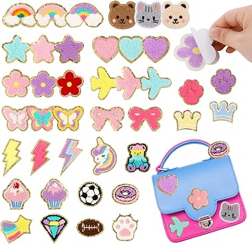 Jspupifip 40 Pcs Chenille Embroidered Patches, Self Adhesive Glitter Patches Flowers Stars Hearts Rainbows Butterflies Cat Paws Diamonds Lightning Fabric Stickers for Clothes Repair Decor Accessories