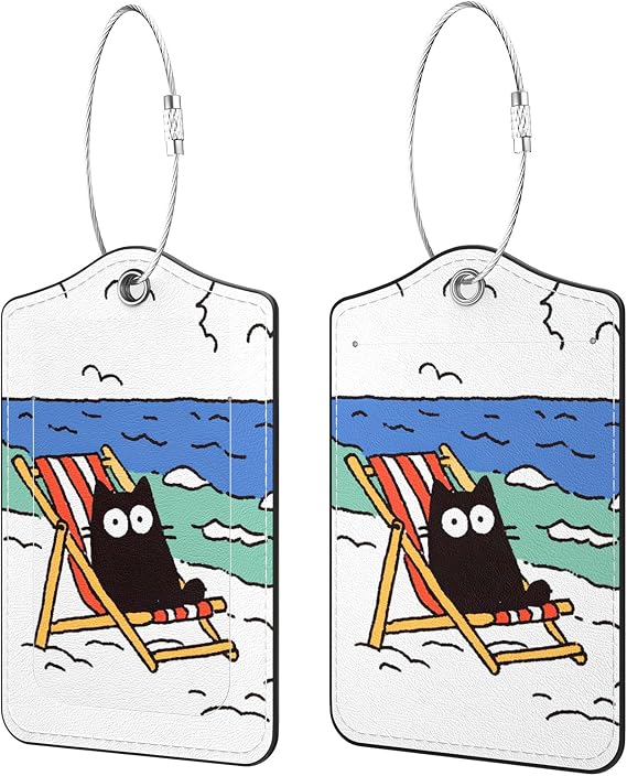2 Pack PU Leather Luggage Tags for Suitcases, Beach Cat