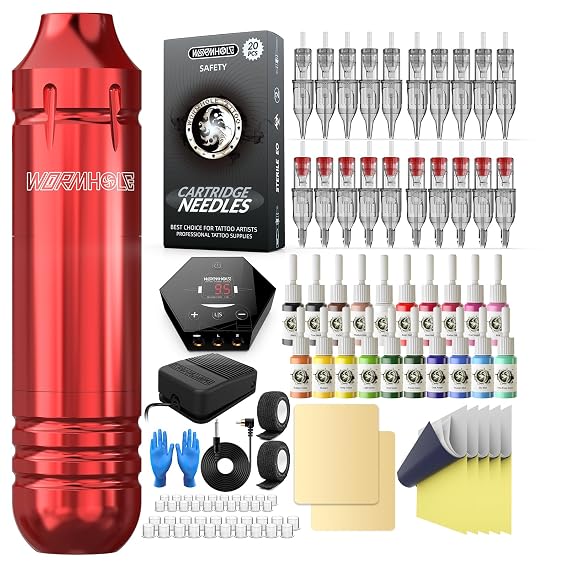 Wormhole Tattoo Kit for Beginners, Rotary Tattoo Pen Kit with 20 Color Inks, 20 Cartridge Needles & Power Supply for Tattoo Practice WTK090