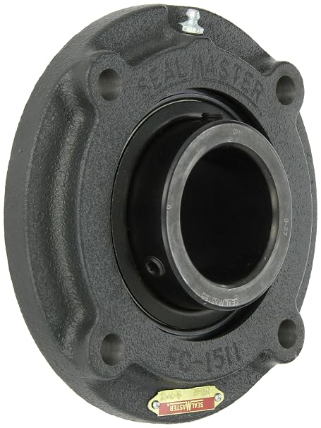 MFC-39 Medium Duty Piloted Flange Cartridge, 4 Bolt, Regreasable, Felt Seals, Setscrew Locking Collar, Cast Iron Housing, 2-7/16" Bore, 7-5/8" Overall Length, 4.596" Bolt Hole Spacing Width, 9/16" Flange Height, 2 Degrees Misalignment Angle