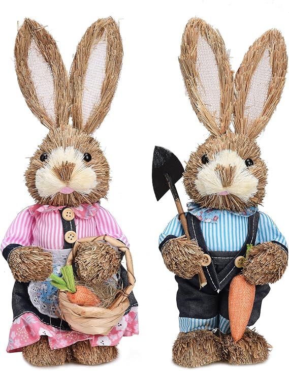 belupai 2pcs Easter Standing Bunny Statues,14in Hand Woven Cute Dressed Bunny Figurines Sculptures with Fake Egg and Carrot, Desktop Straw Bunny