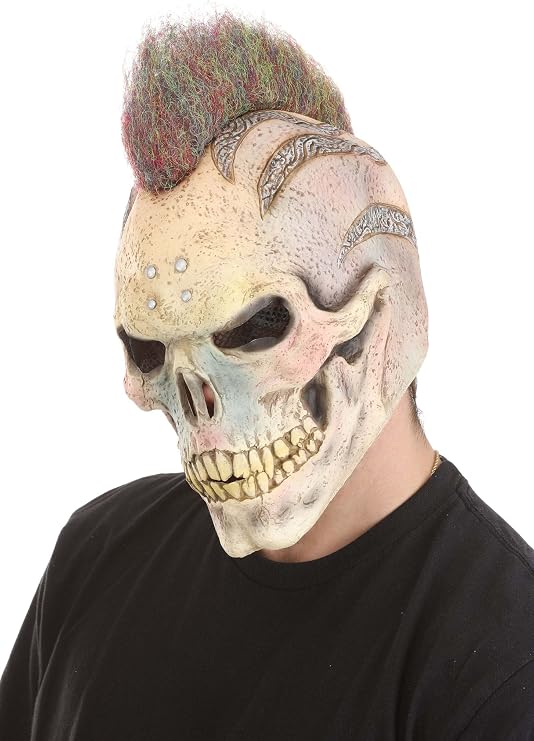Fun Costumes Adult Hot Rod Skeleton Biker Mask | Full Face Latex Halloween Skull Cosplay Mask | Multicolored Mowhawk Top ST