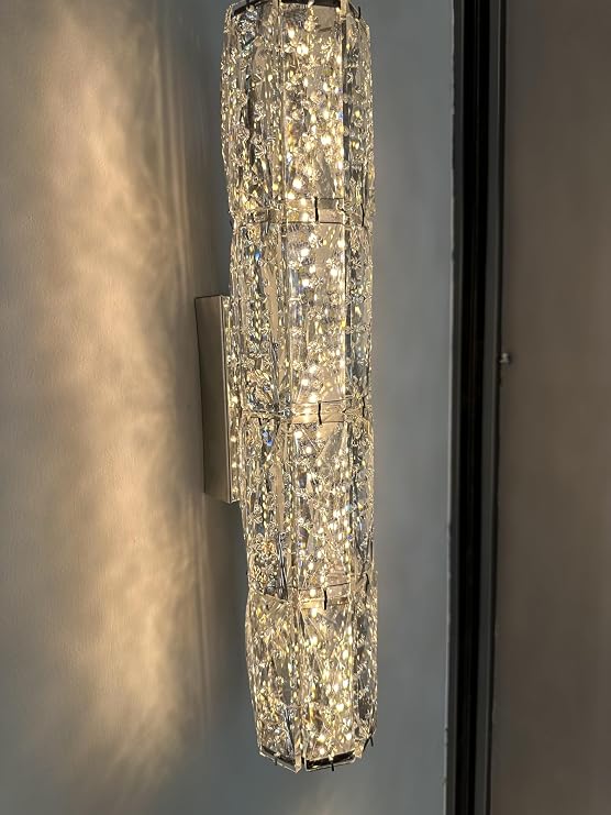 LED Crystal Wall Sconces 15.7" Modern Chrome | K9 Real Crystal Fixture, 3 Colors, For Living Room Bedroom, Elegant Wall Lamp