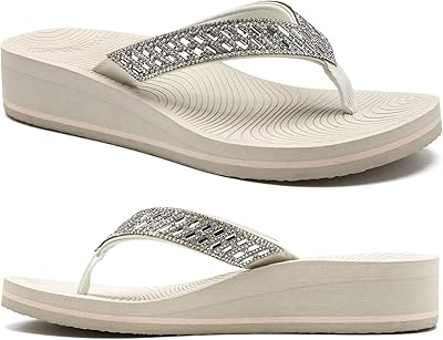 KuaiLu Womens Rhinestone Platform Arch Support Flip Flop Sandals