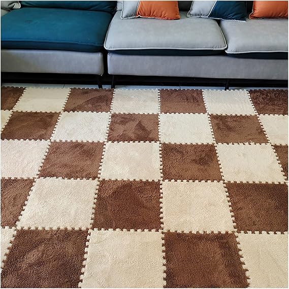 10 Pieces Interlocking Carpet Tiles, Plush Foam Square Floor Mats Set, 12x12inch Interlocking Fluffy Plush Puzzle Playmat With Border, 10 Tiles/10 Sq.Ft(Color:Coffee+Beige)
