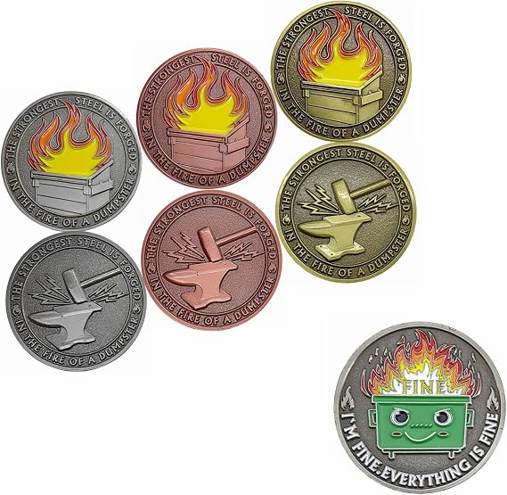 6 Pcs Dumpster Fire Coins Bulk Mixed 3 Colors and Everything is Fine Dumpster Fire Medallion Antique Silver Plated