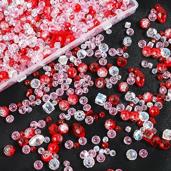 Pack of 1000 Glass Beads for Threading Many Sizes Colourful Faceted Beads Set with Storage Box Pink & Red Glitter Beads 4/6/8/10 mm for DIY Jewellery Making Bracelets Necklace